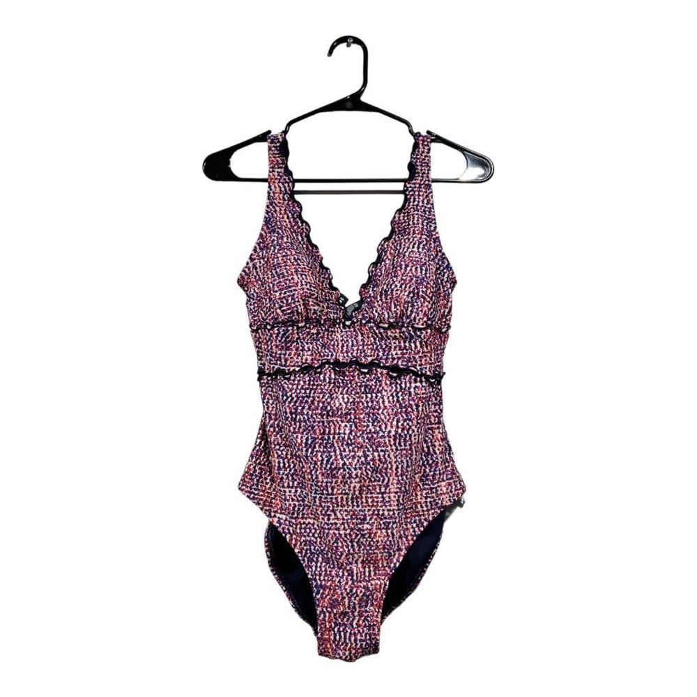 DKNY Women's One-Piece Colorful V-Neck Mesh Swimsuit Padded Size 8